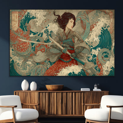 Tsukioka Yoshitoshi Samurai Wall Art Print, Japanese Katana Warrior Canvas Wall Art, Octopus Sea Monster Canvas Print,