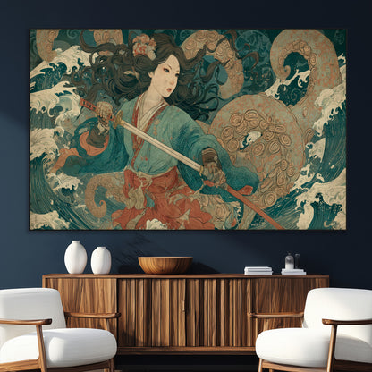 Tsukioka Yoshitoshi Samurai Wall Art Print, Japanese Katana Warrior Canvas Wall Art, Octopus Sea Monster Canvas Print,