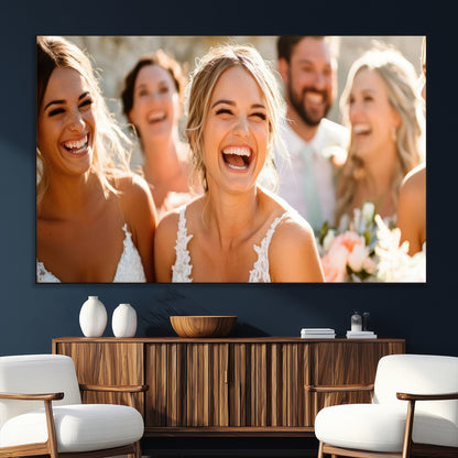 SEG-FC-51X34_Oversize - Joyful Wedding Wall Art – Laughing Bride and Bridesmaids Canvas Print, Romantic Celebration Photography Decor for Bedroom, Living Room, or Wedding Gift