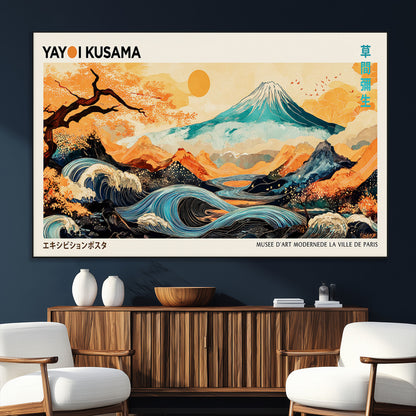 Modern Japanese-style art print featuring a stylized Mount Fuji, flowing waves, and vibrant landscapes in bold colors, inspired by traditional and contemporary aesthetics.