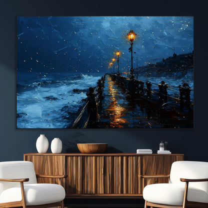 "Impressionistic painting of a rainy pier at night with glowing street lamps reflecting on the wet surface, ocean waves crashing under a dark blue sky."