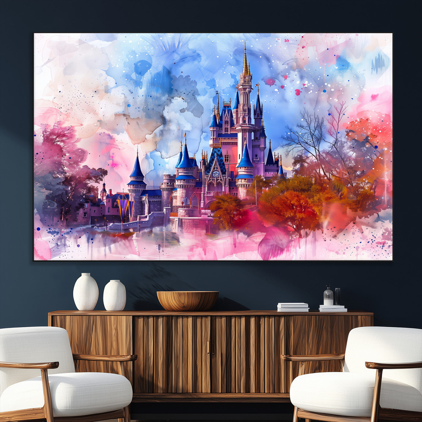 Watercolor canvas of a dreamy Disney-style castle in pastel pink and blue tones, perfect for fairytale or whimsical home decor.