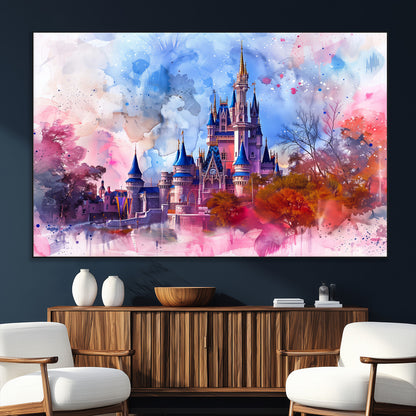 Watercolor canvas of a dreamy Disney-style castle in pastel pink and blue tones, perfect for fairytale or whimsical home decor.