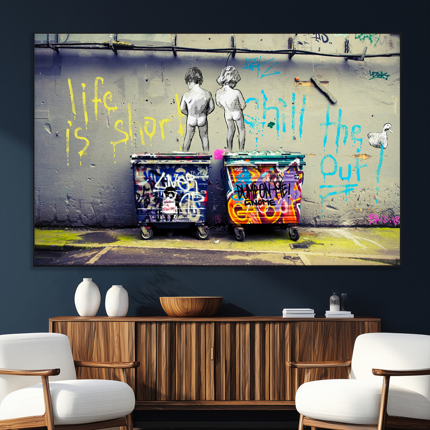 Graffiti-style canvas art with bold text and two naked figures over urban dumpsters, ideal for edgy or street-style decor.