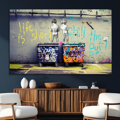 Graffiti-style canvas art with bold text and two naked figures over urban dumpsters, ideal for edgy or street-style decor.