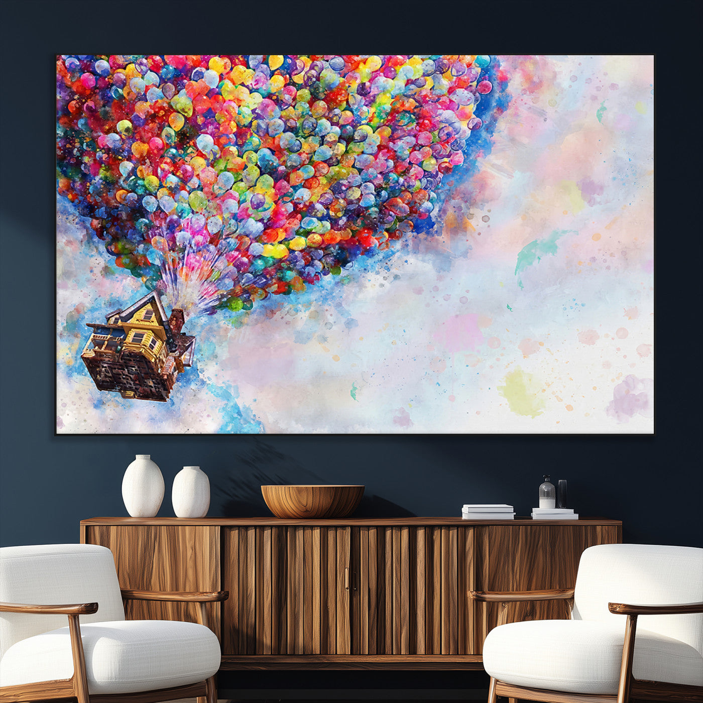 Whimsical canvas of the house from the movie Up flying with colorful balloons, ideal for Pixar or animation-themed decor.