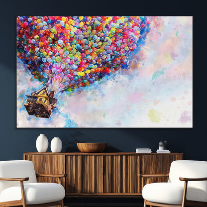 Whimsical canvas of the house from the movie Up flying with colorful balloons, ideal for Pixar or animation-themed decor.