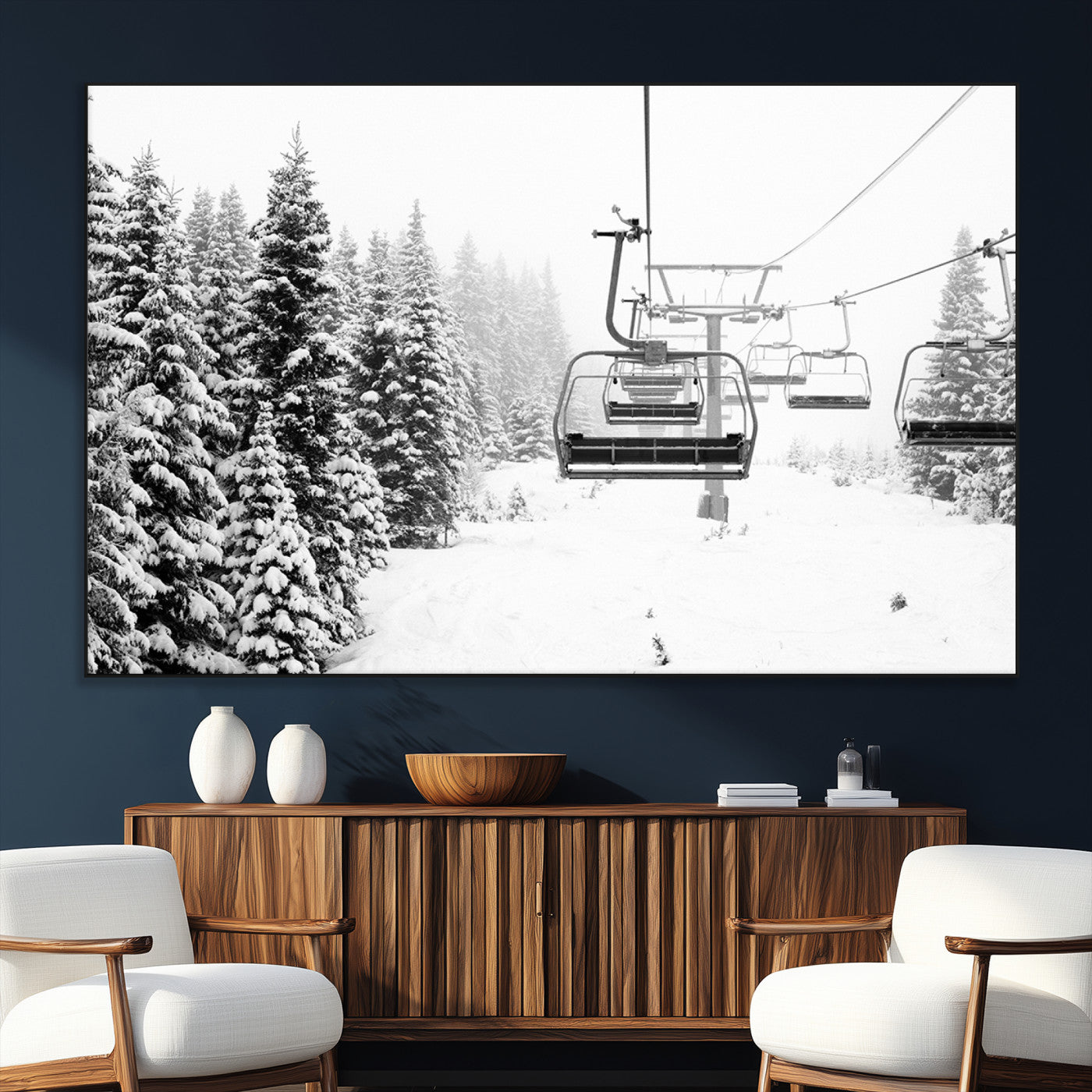 Black and white canvas of empty ski lifts over a snowy pine forest, perfect for minimal winter or ski lodge-inspired decor.