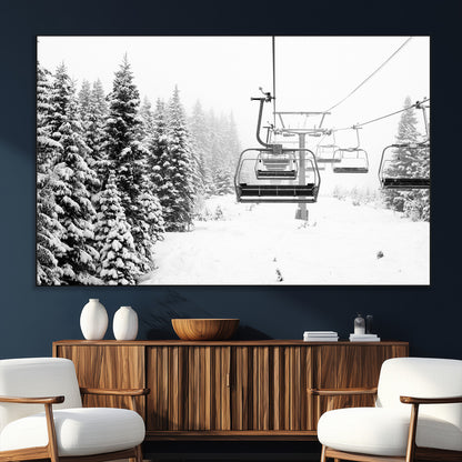 Black and white canvas of empty ski lifts over a snowy pine forest, perfect for minimal winter or ski lodge-inspired decor.