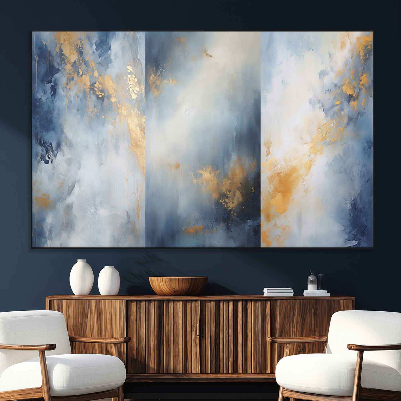 Abstract canvas art in soft blue and gold tones with textured brushstrokes, ideal for elegant or modern neutral decor spaces.