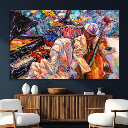 Vibrant oil painting of a jazz band with piano, saxophone, and bass, ideal for colorful and expressive music-themed home decor.