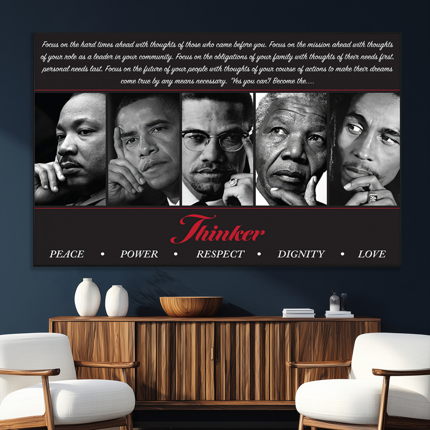 Monochrome canvas of iconic Black leaders with a powerful quote, perfect for modern spaces with a cultural or motivational theme.