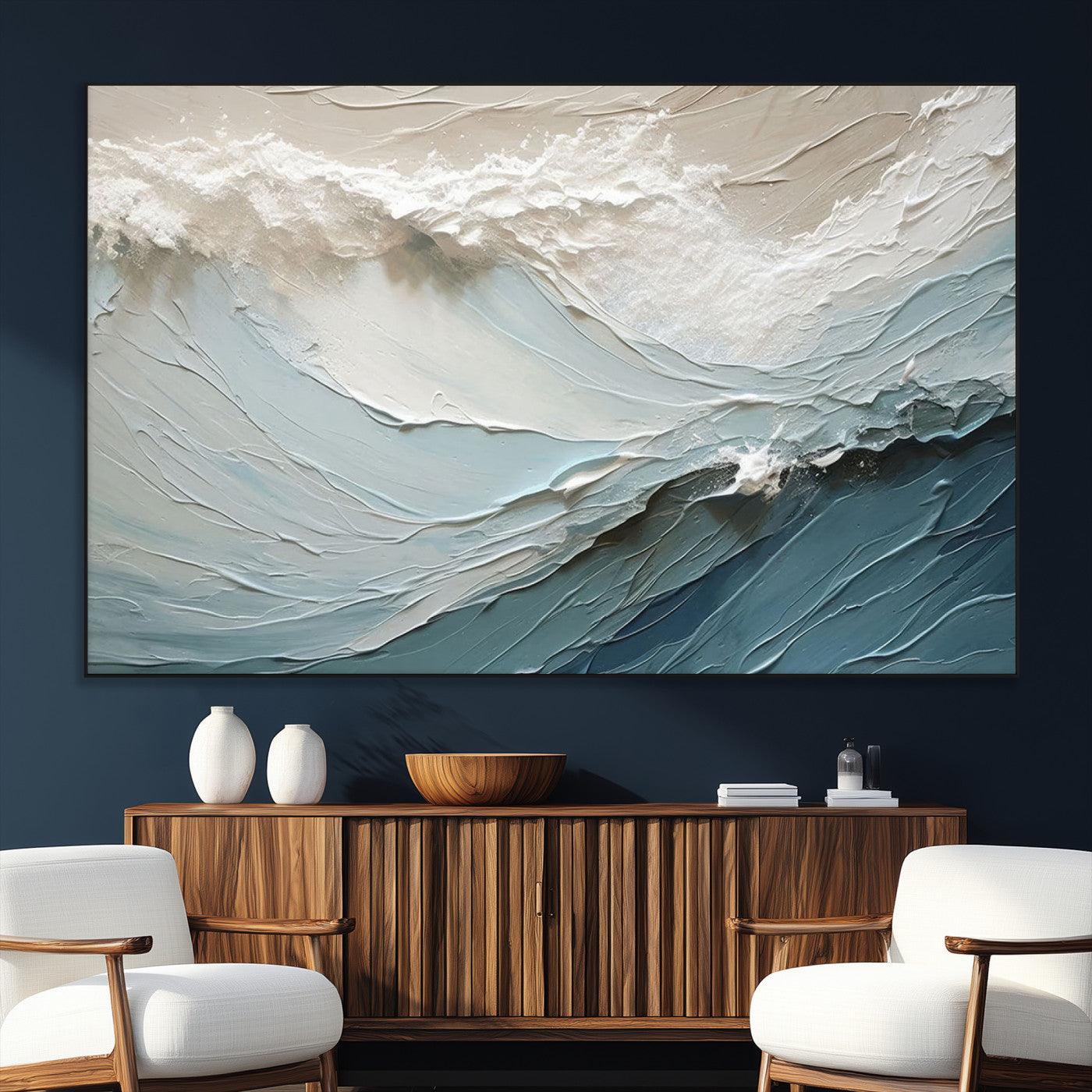 Textured canvas of ocean waves in soft coastal blues and creamy whites, ideal for modern or minimalist coastal-style interiors.