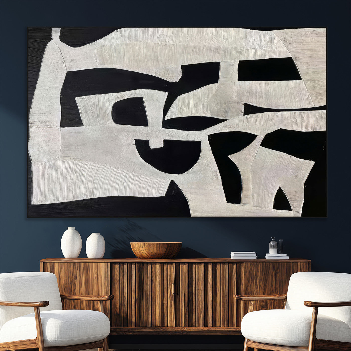 Minimalist black and white canvas featuring bold abstract textures and geometric shapes, ideal for modern neutral decor.