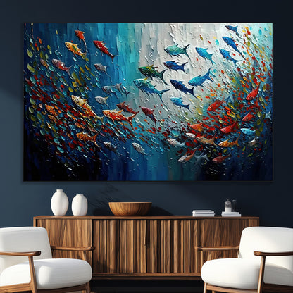 Colorful painting of fish swimming in abstract ocean swirls, perfect for vibrant marine-themed or expressive coastal home decor.