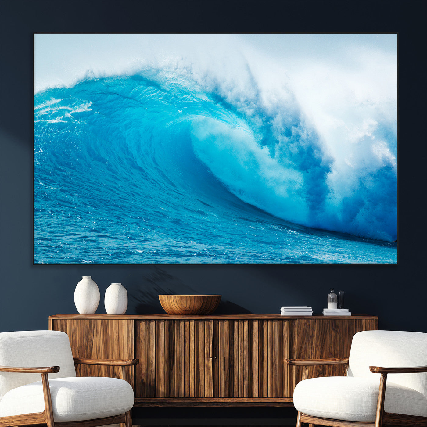 Vibrant canvas of a powerful curling ocean wave in tropical blue tones, perfect for coastal or surf-inspired decor settings.