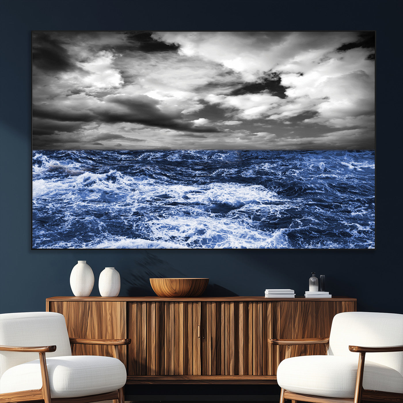 Moody canvas wall art of a stormy ocean under a dramatic black-and-white sky, perfect for bold or coastal-style interiors.
