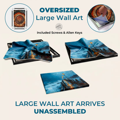 Vibrant canvas of a powerful curling ocean wave in tropical blue tones, perfect for coastal or surf-inspired decor settings.