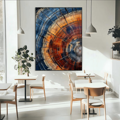 Canvas of colorful tree rings in rich blue and warm orange hues with cracked natural texture, ideal for rustic or earthy decor styles.