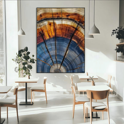 Canvas of a tree ring with bold blue and orange hues and cracked radial lines, ideal for rustic or earthy modern interiors.