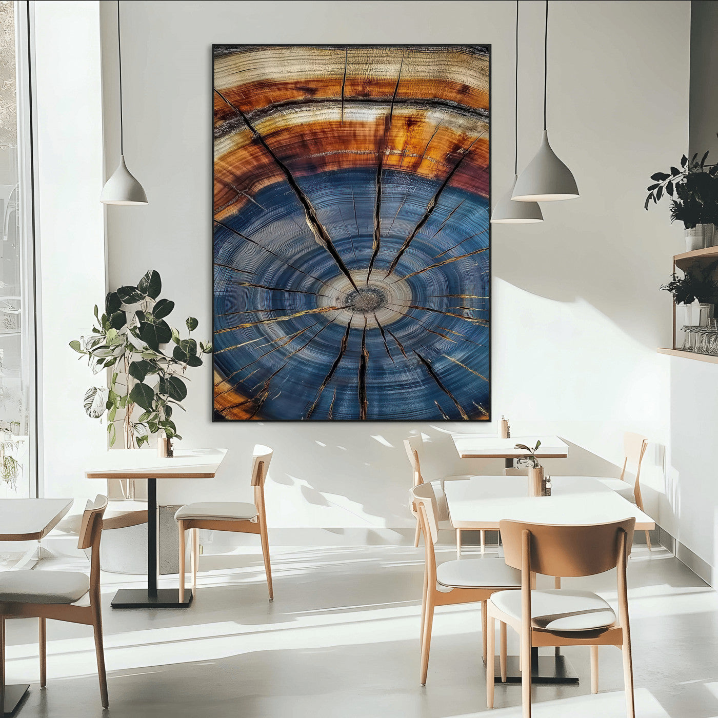 Canvas of a tree ring with bold blue and orange hues and cracked radial lines, ideal for rustic or earthy modern interiors.