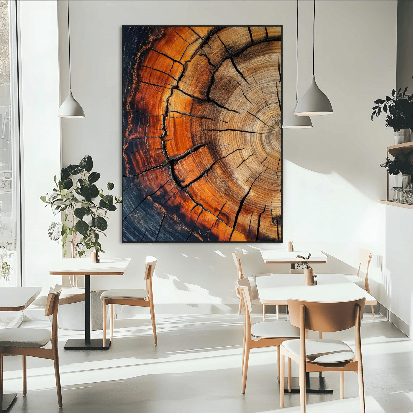 Canvas of a cracked tree ring with warm burnt orange tones and dark edges, ideal for rustic or earthy home decor themes.