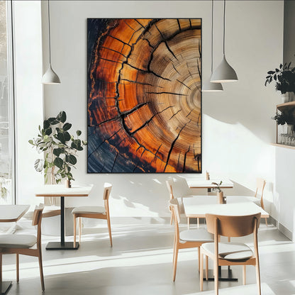 Canvas of a cracked tree ring with warm burnt orange tones and dark edges, ideal for rustic or earthy home decor themes.
