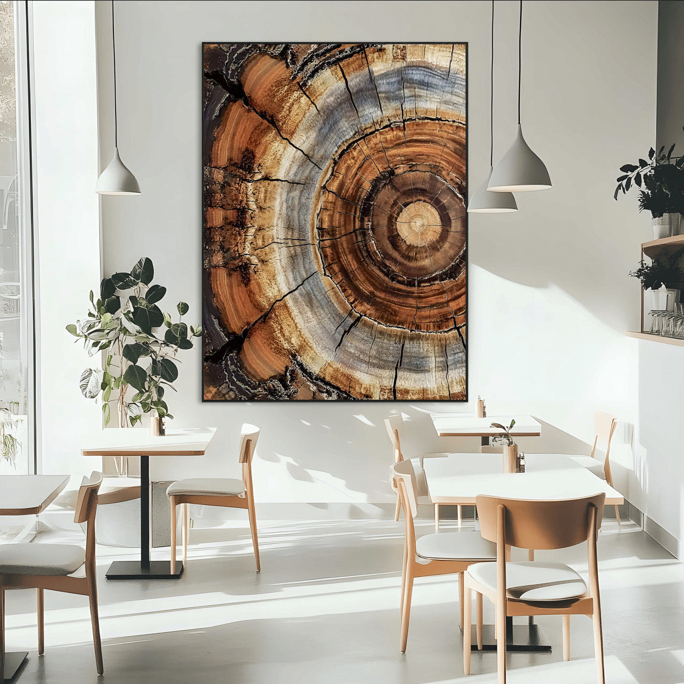 Canvas of tree rings and natural wood grain in earthy tones, ideal for rustic or vintage-inspired home decor with organic textures.