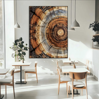 Canvas of tree rings and natural wood grain in earthy tones, ideal for rustic or vintage-inspired home decor with organic textures.