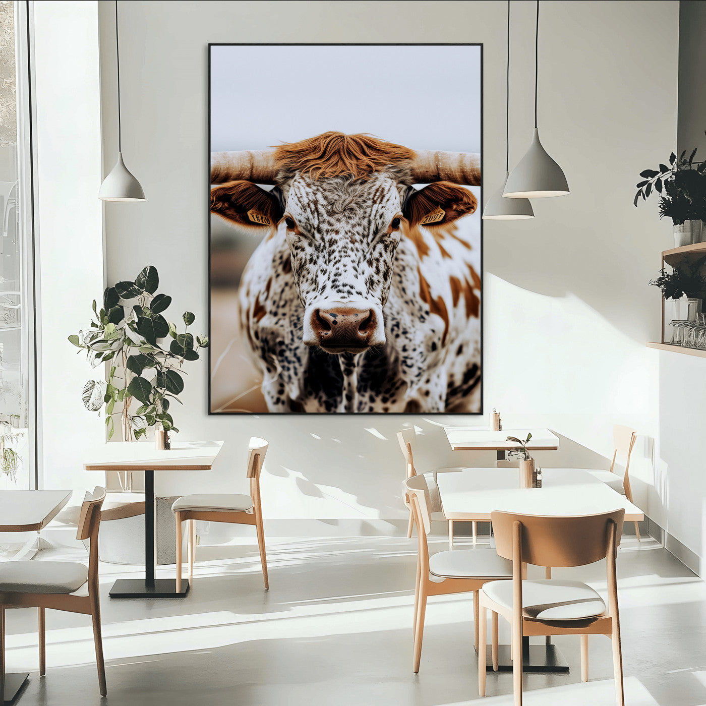 Close-up of a speckled Texas longhorn with wide horns and a bold gaze, perfect for rustic or country-style decor in warm tones.