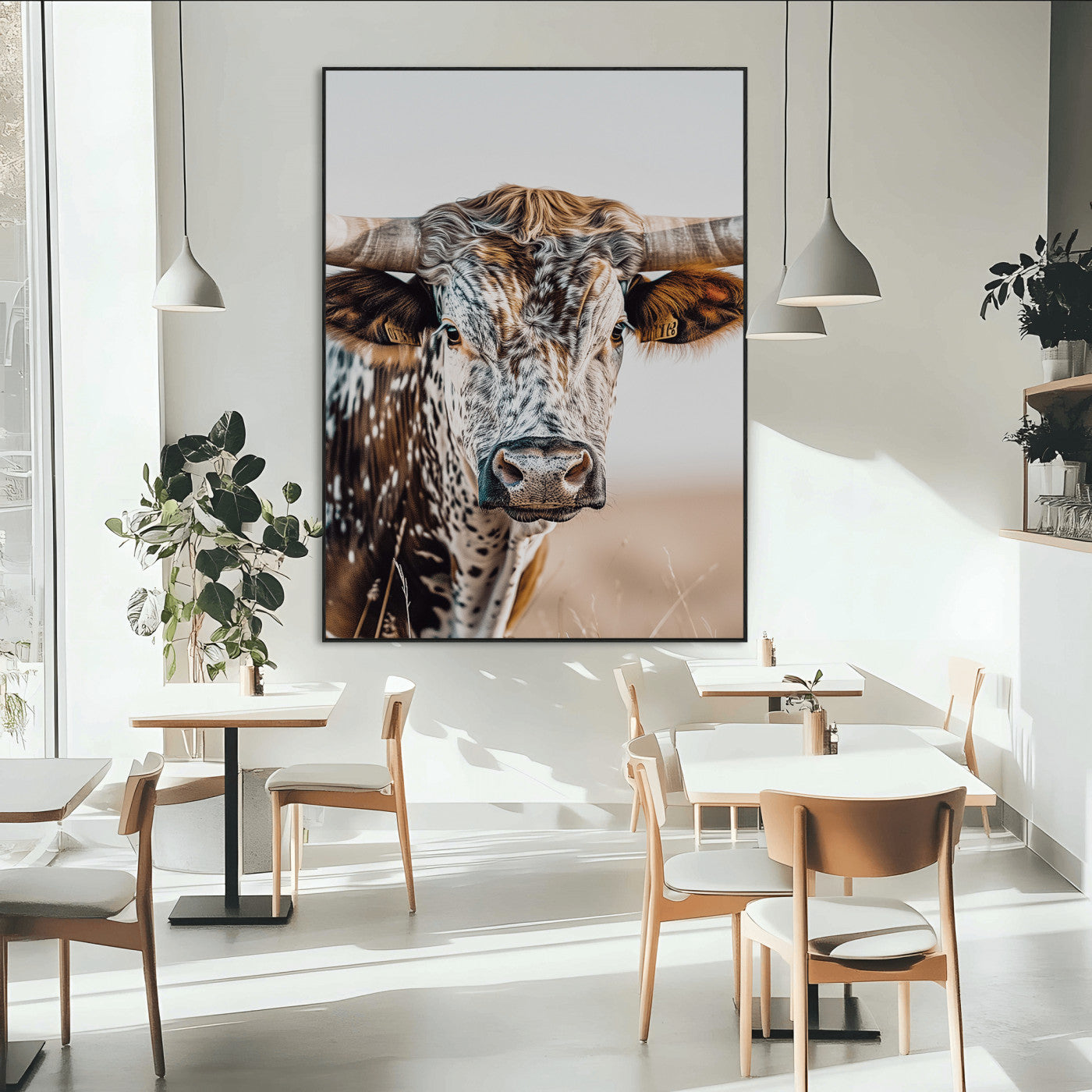 Canvas of a speckled Texas longhorn with wide curved horns and warm tones, perfect for rustic or country-style wall decor.