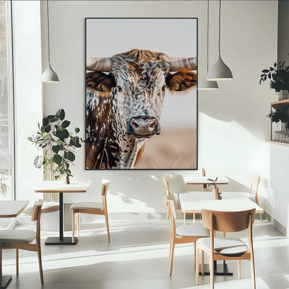 Canvas of a speckled Texas longhorn with wide curved horns and warm tones, perfect for rustic or country-style wall decor.