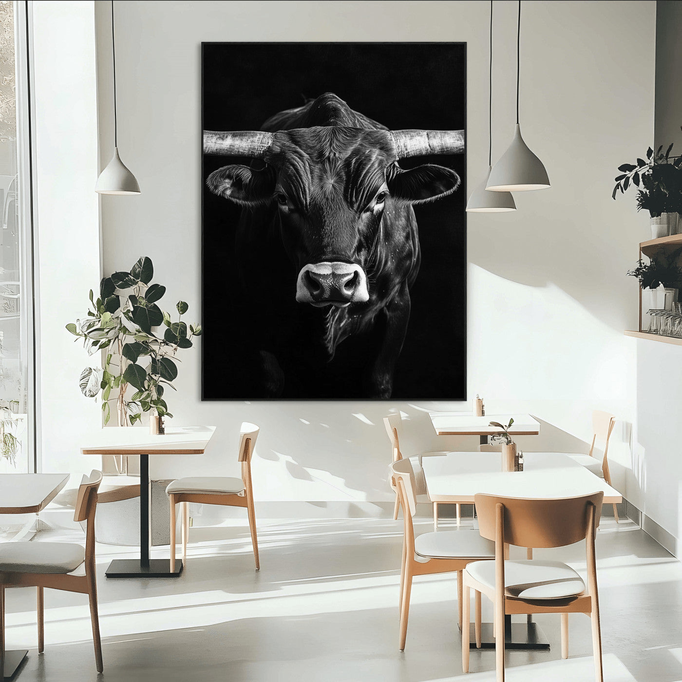 Canvas of a Texas longhorn in black and white with dramatic lighting and bold contrast, ideal for rustic or modern western wall decor.