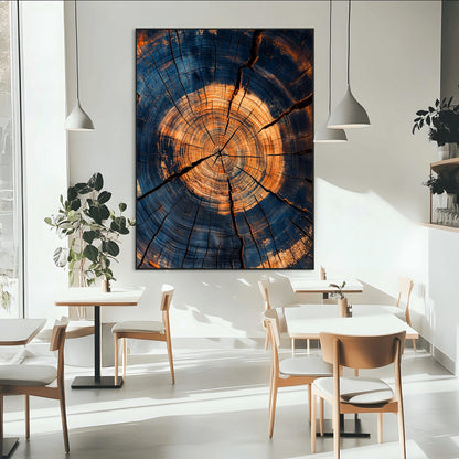 Close-up canvas of tree rings with burnt orange and deep blue tones, perfect for rustic or earthy-themed home decor.