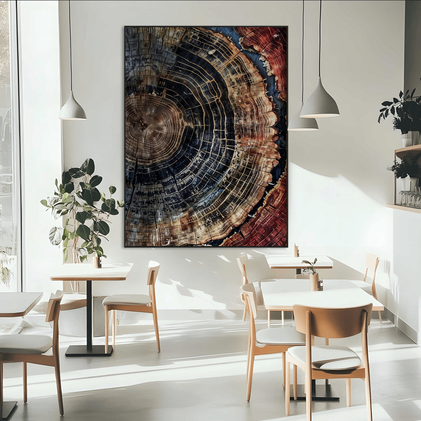 Rustic canvas featuring detailed tree rings and dark earthy tones, ideal for moody wood or organic nature-inspired home decor.