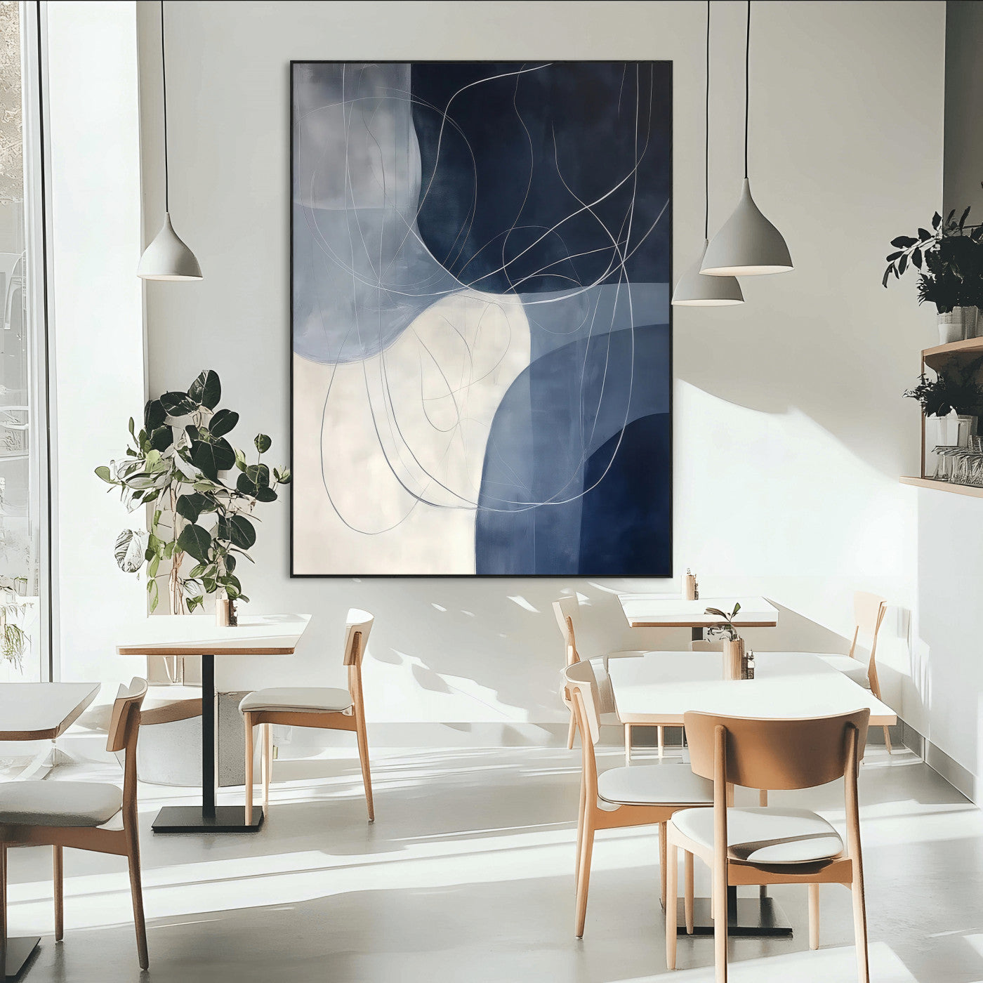 Contemporary abstract canvas with navy, grey, and white curved forms and fine line details, ideal for minimalist or modern interiors.