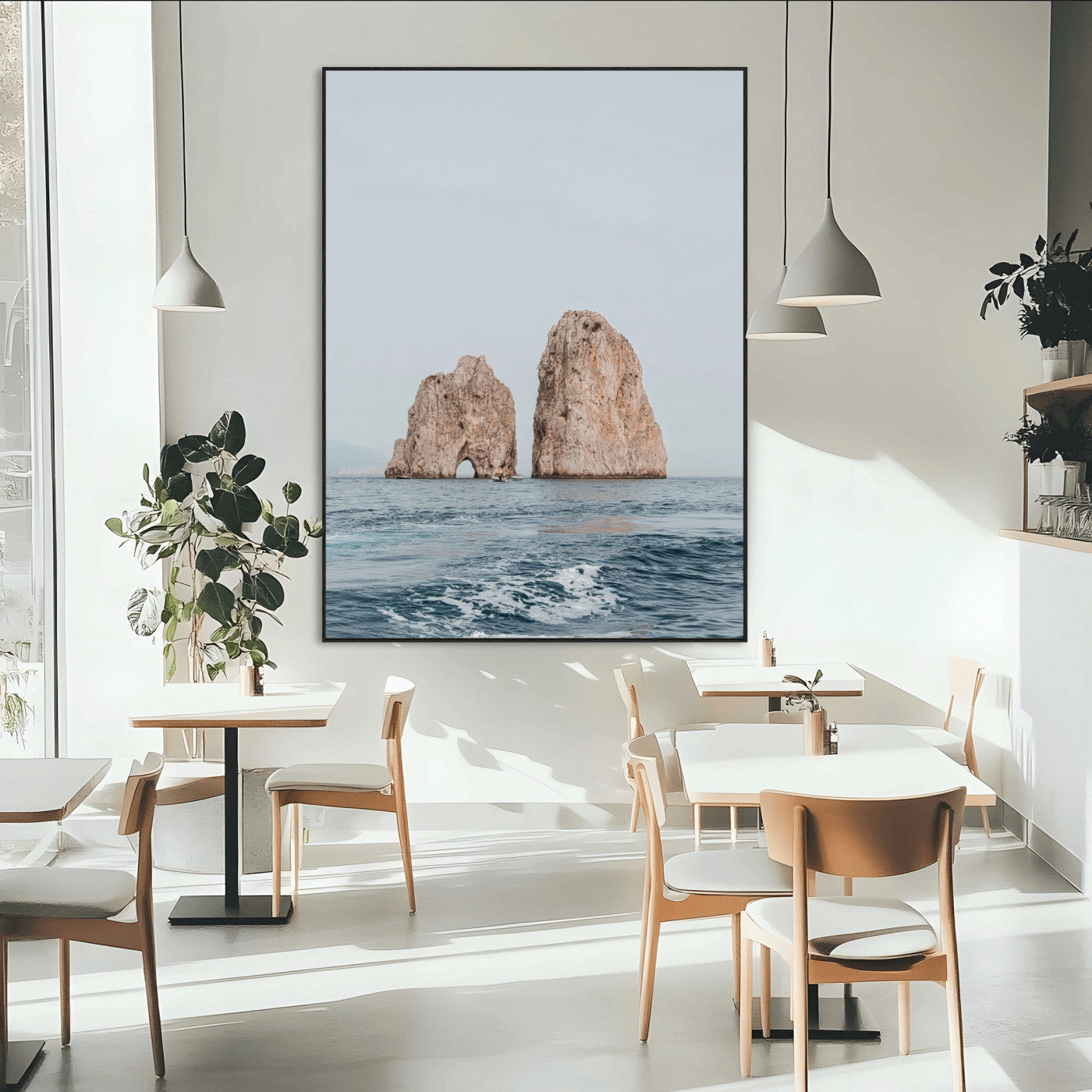 Serene photograph of the Faraglioni rocks in Capri with calm blue waters, perfect for Mediterranean coastal or minimalist travel-themed decor.