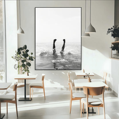 Black and white ocean art featuring a swimmer's legs mid-splash, perfect for minimalist, coastal, or monochrome modern interiors.