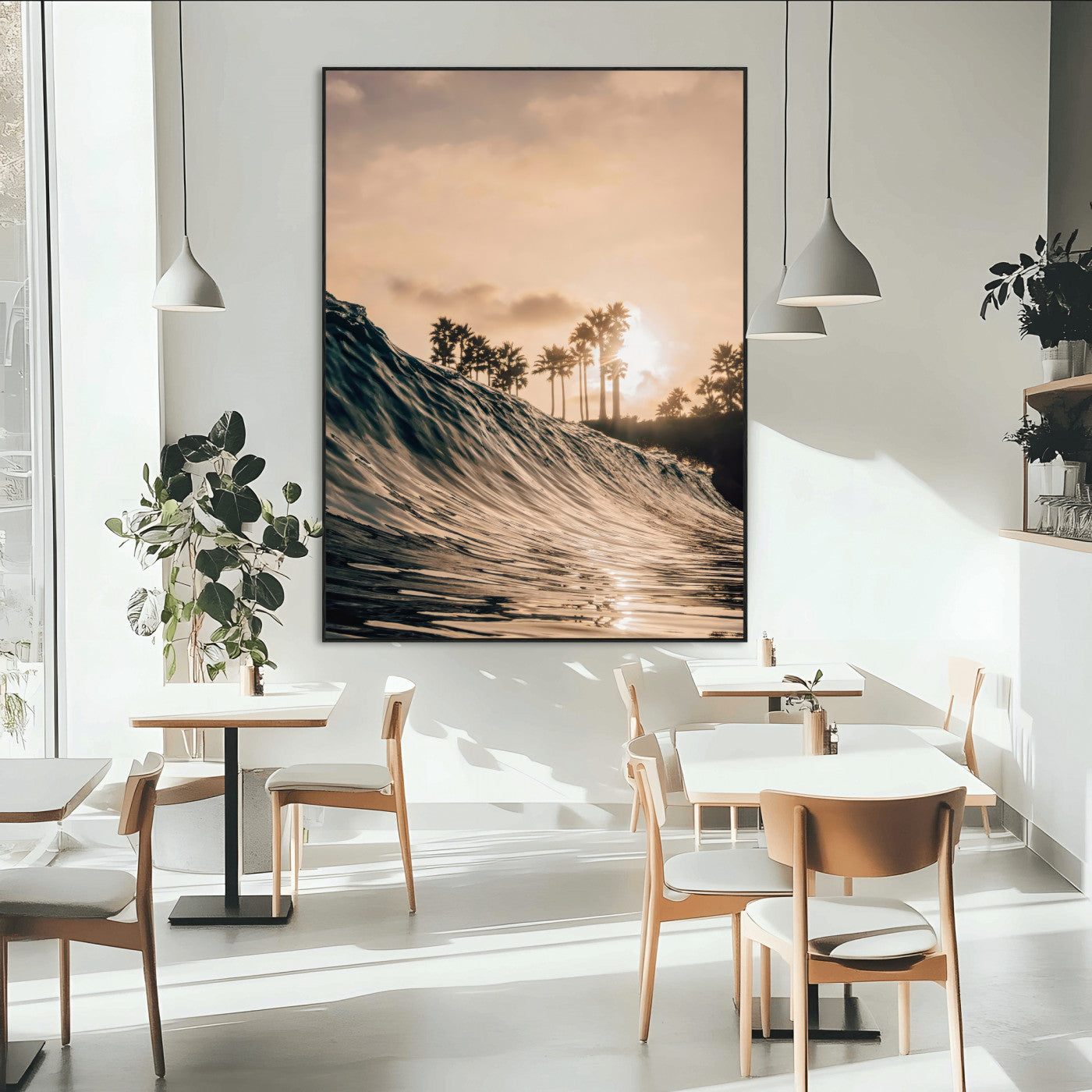 Golden sunset view of an ocean wave curling near palm trees, radiating warm tones perfect for coastal or tropical-themed decor.