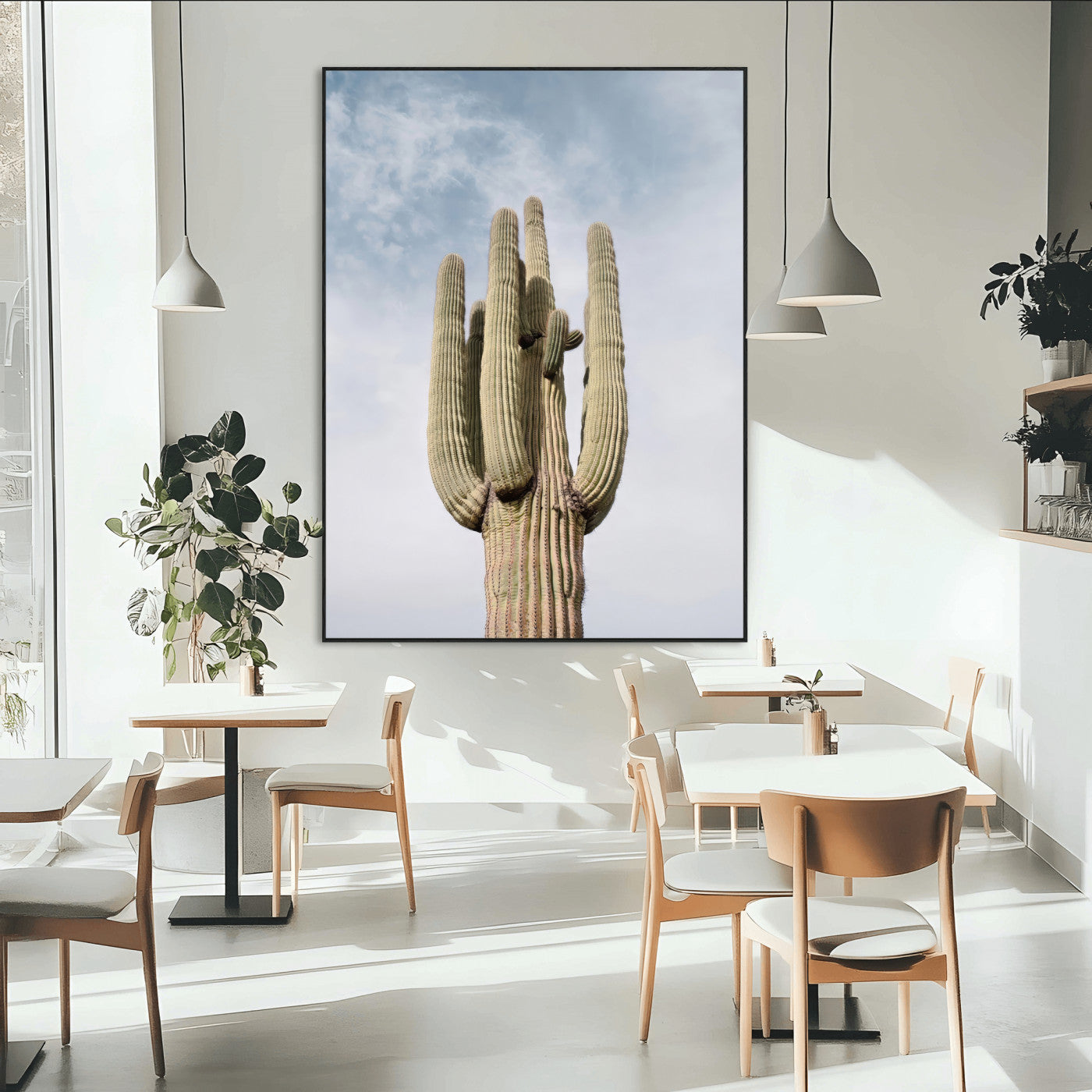 Vertical photo of a tall saguaro cactus against a soft sky, ideal for earthy or Southwestern home decor with warm neutral tones.