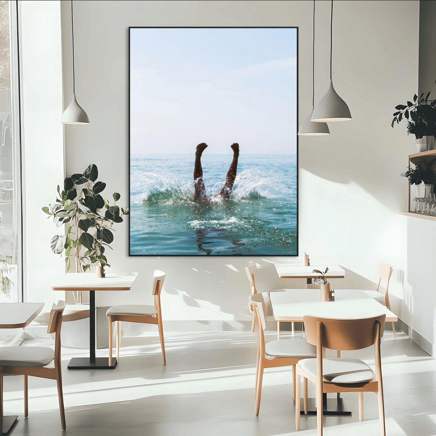 Vibrant ocean canvas of a playful diving splash, ideal for coastal or beach-themed interiors with a lively summer vibe.
