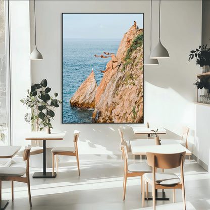 Canvas wall art capturing a bold cliff diving sequence into turquoise waters, perfect for vibrant and adventurous coastal or sporty interiors.