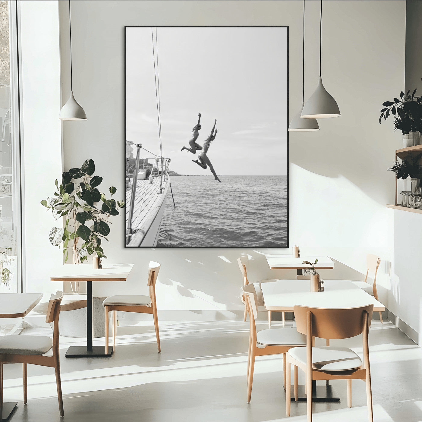 Black and white canvas wall art of two women joyfully jumping off a yacht into the sea, ideal for minimalist coastal or nautical-themed spaces.