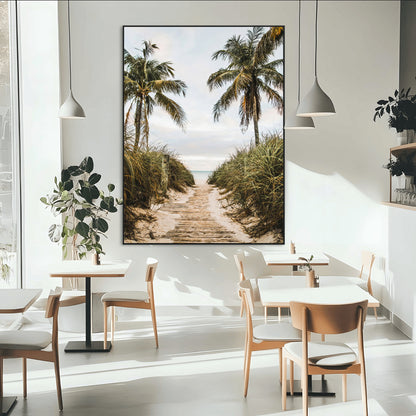 Canvas wall art of a tropical beach path with palm trees and dune grass, ideal for coastal entryways or tropical-inspired home decor.
