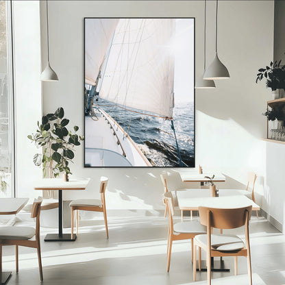 Canvas of a sailboat gliding on a sunlit ocean with white sails and sparkling water, ideal for coastal minimalist or nautical-style home decor.