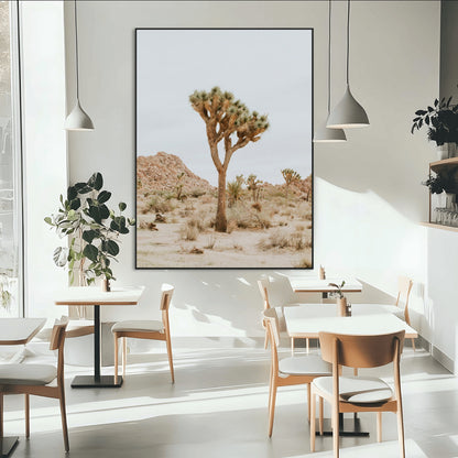 Canvas of a Joshua Tree in neutral desert tones under soft light, ideal for southwestern minimalist or rustic nature-inspired home decor.