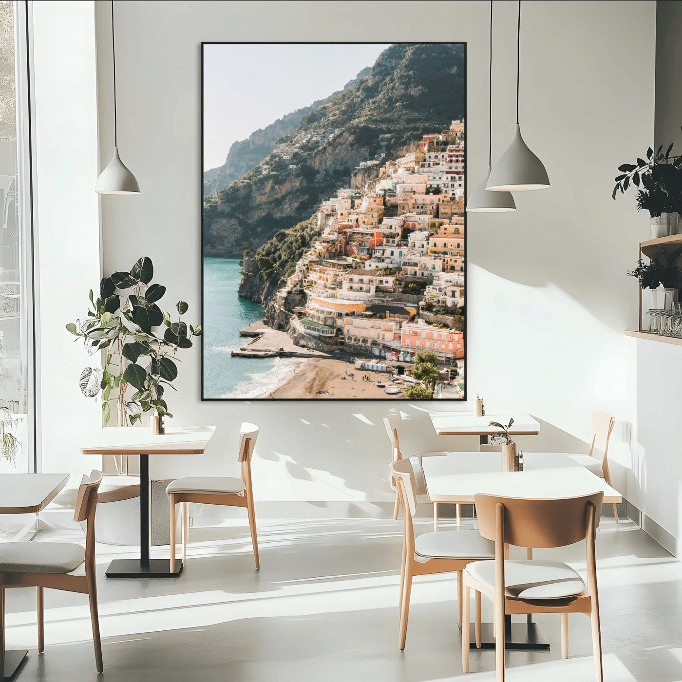 Canvas of colorful cliffside homes in Positano along the Amalfi Coast with warm tones, perfect for Mediterranean coastal or European-inspired home decor.