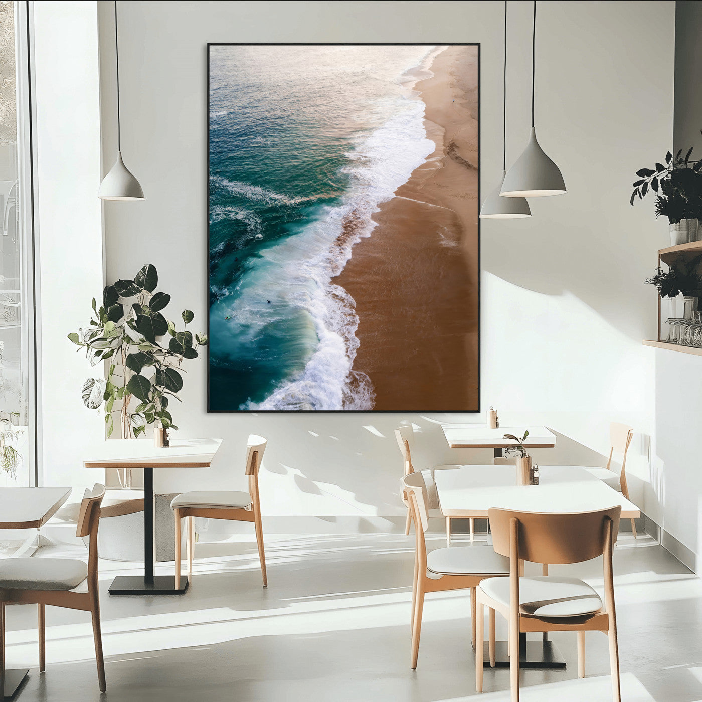 Canvas of a dreamy aerial beach scene with turquoise waves and soft sunset tones, ideal for modern coastal or minimalist home decor.