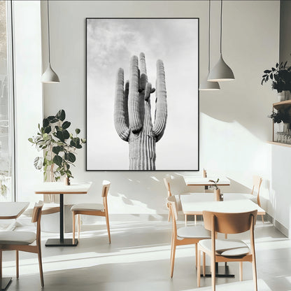 Canvas of a tall saguaro cactus in black and white with moody tones, perfect for southwestern minimalist or modern desert-themed home decor.