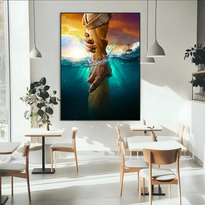 A dramatic scene of a hand reaching underwater and being lifted, symbolizing rescue and faith, ideal for spiritual or Christian wall decor.